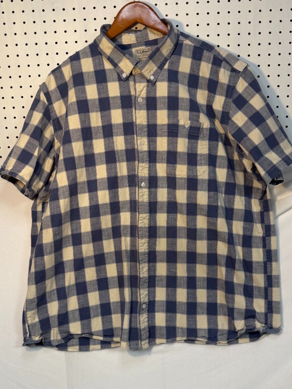 LL Bean Mens XXL Tall Shirt Plaid Check Short Sleeve Cotton Blue Cream